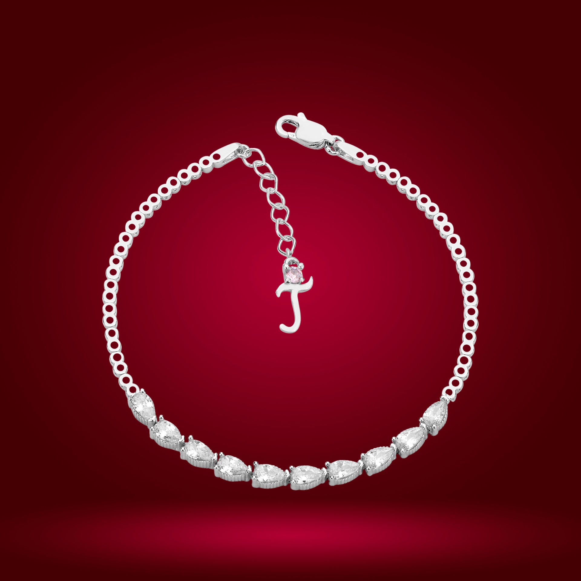 925 Ayar Gümüş Sıralı Damla Taşlı Zincir Harfli Su Yolu Bileklik T