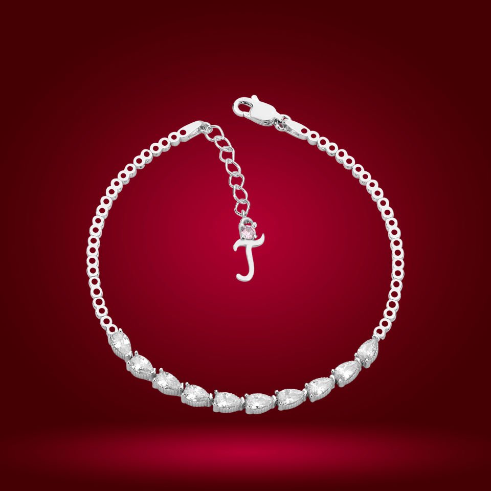 925 Ayar Gümüş Sıralı Damla Taşlı Zincir Harfli Su Yolu Bileklik T