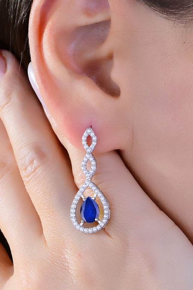 BARIŞ TAKI 925 Ayar Gümüş Mavi Damla Taşlı Su Yolu Set