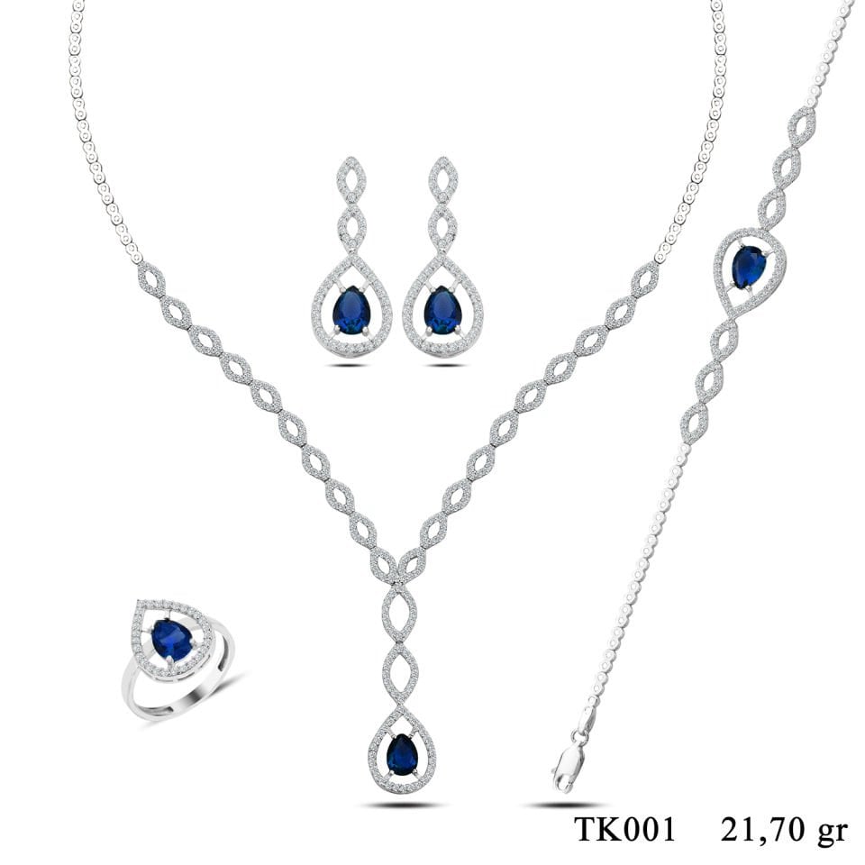 BARIŞ TAKI 925 Ayar Gümüş Mavi Damla Taşlı Su Yolu Set