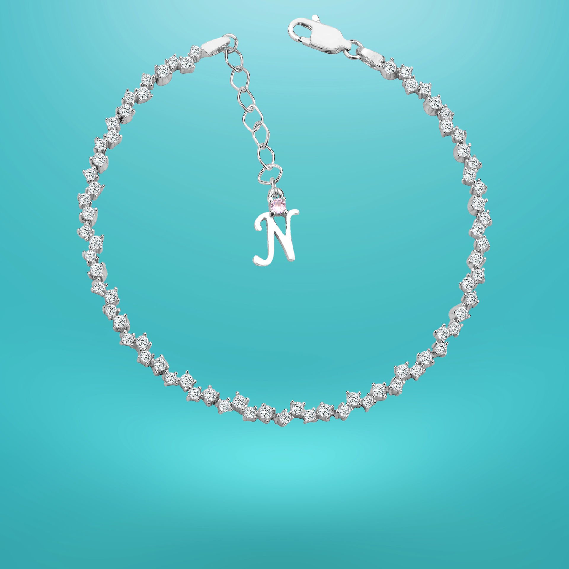 925 Ayar Gümüş Pırlanta Montürlü Zincir Harfli Su Yolu Bileklik N