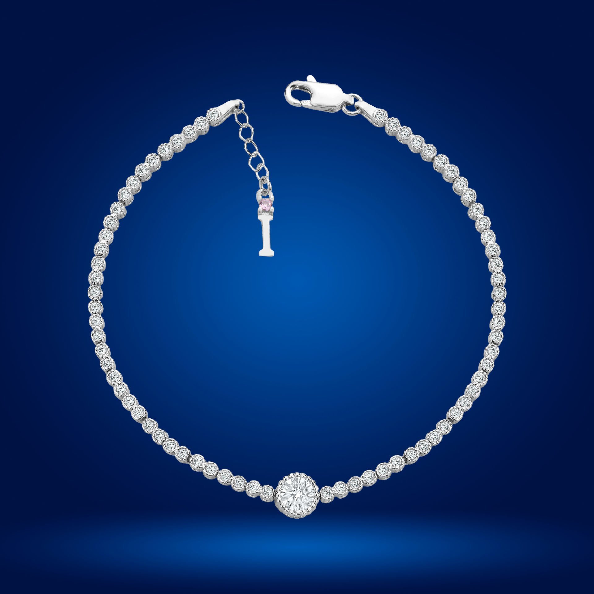 925 Ayar Gümüş Pırlanta Tek Taş Zincir Harfli Su Yolu Bileklik I