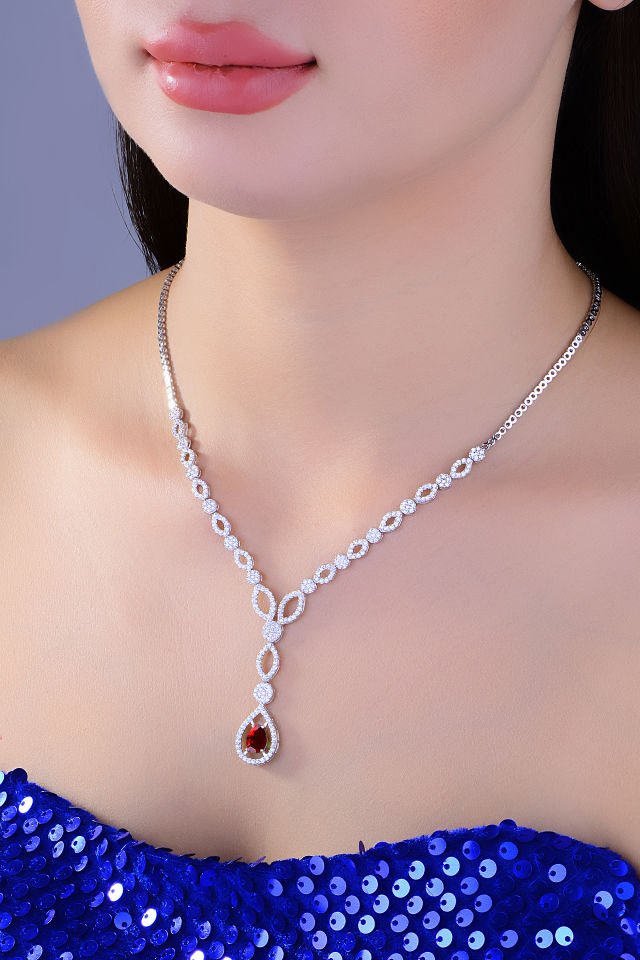 BARIŞ TAKI 925 Ayar Gümüş Kırmızı Damla Taşlı Su Yolu Set