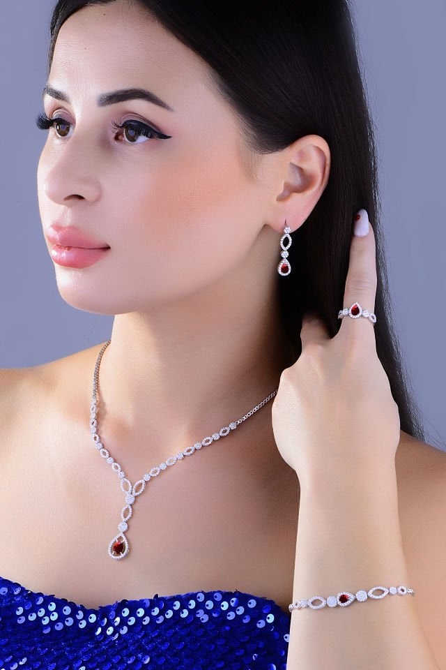 BARIŞ TAKI 925 Ayar Gümüş Kırmızı Damla Taşlı Su Yolu Set