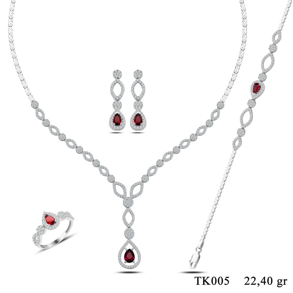 BARIŞ TAKI 925 Ayar Gümüş Kırmızı Damla Taşlı Su Yolu Set