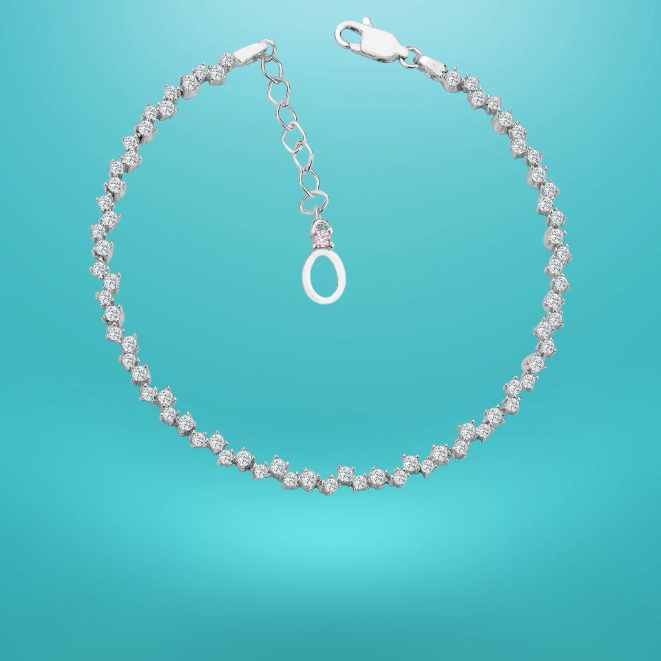 925 Ayar Gümüş Pırlanta Montürlü Zincir Harfli Su Yolu Bileklik O