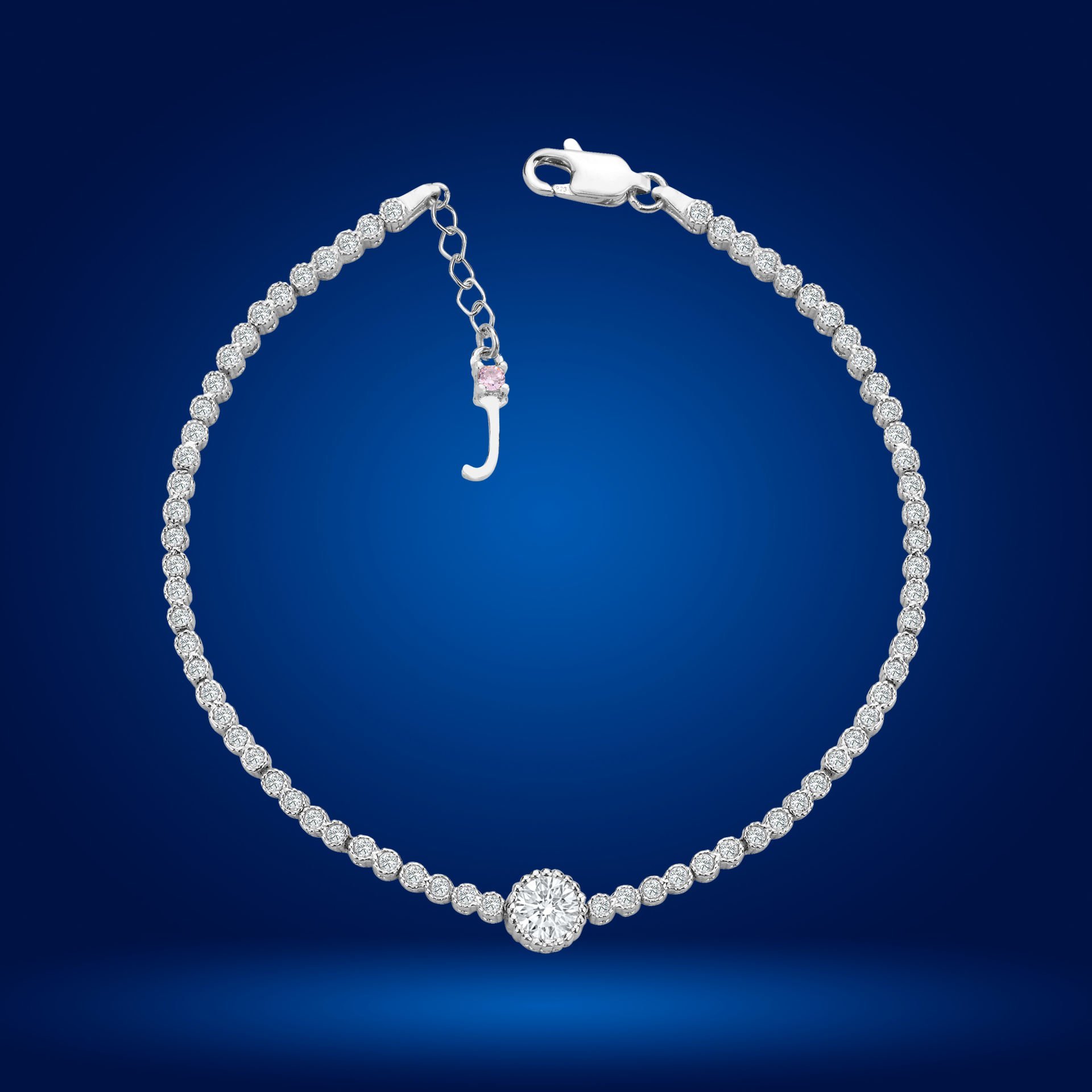 925 Ayar Gümüş Pırlanta Tek Taş Zincir Harfli Su Yolu Bileklik J