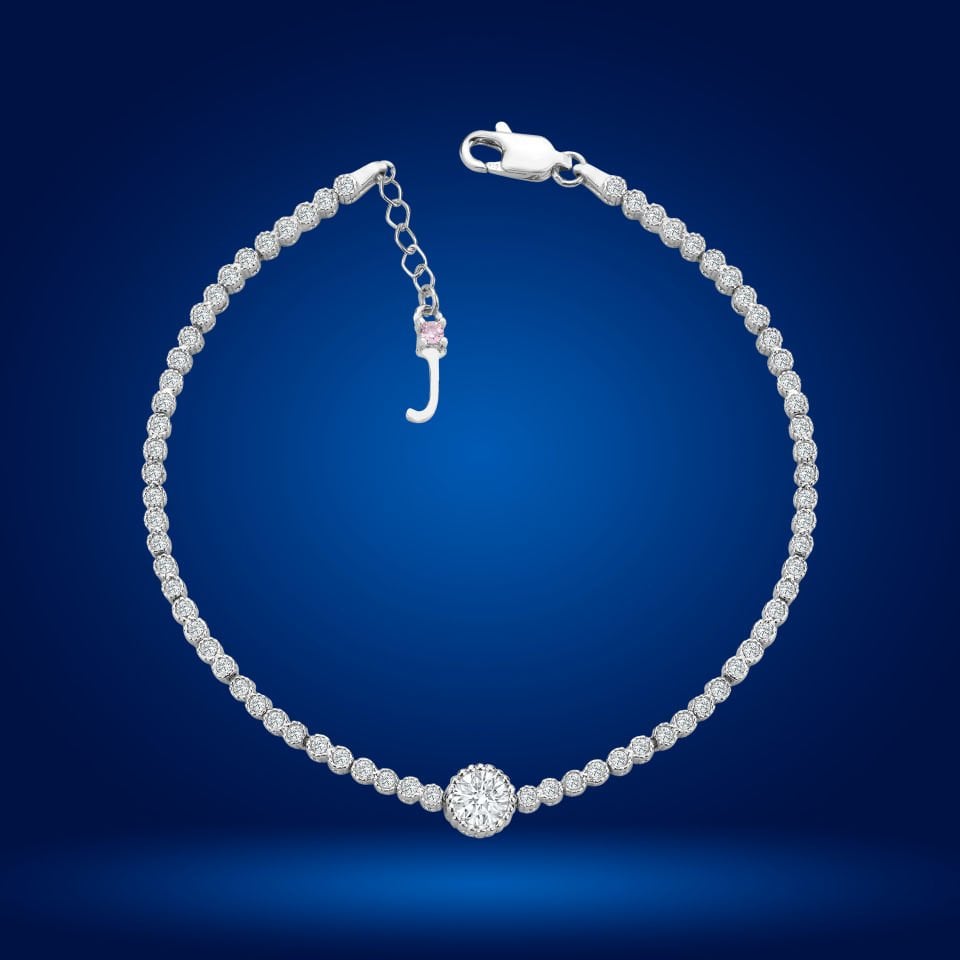 925 Ayar Gümüş Pırlanta Tek Taş Zincir Harfli Su Yolu Bileklik J