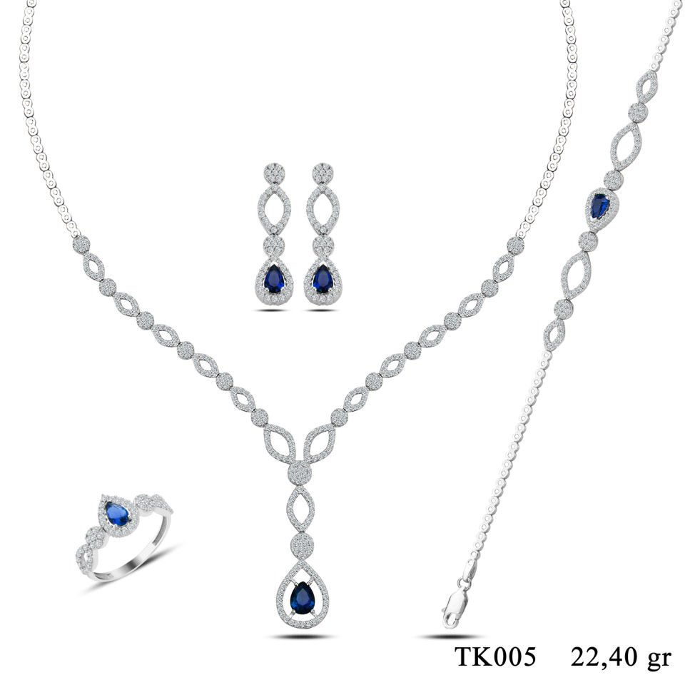 BARIŞ TAKI 925 Ayar Gümüş Mavi Damla Taşlı Su Yolu Set