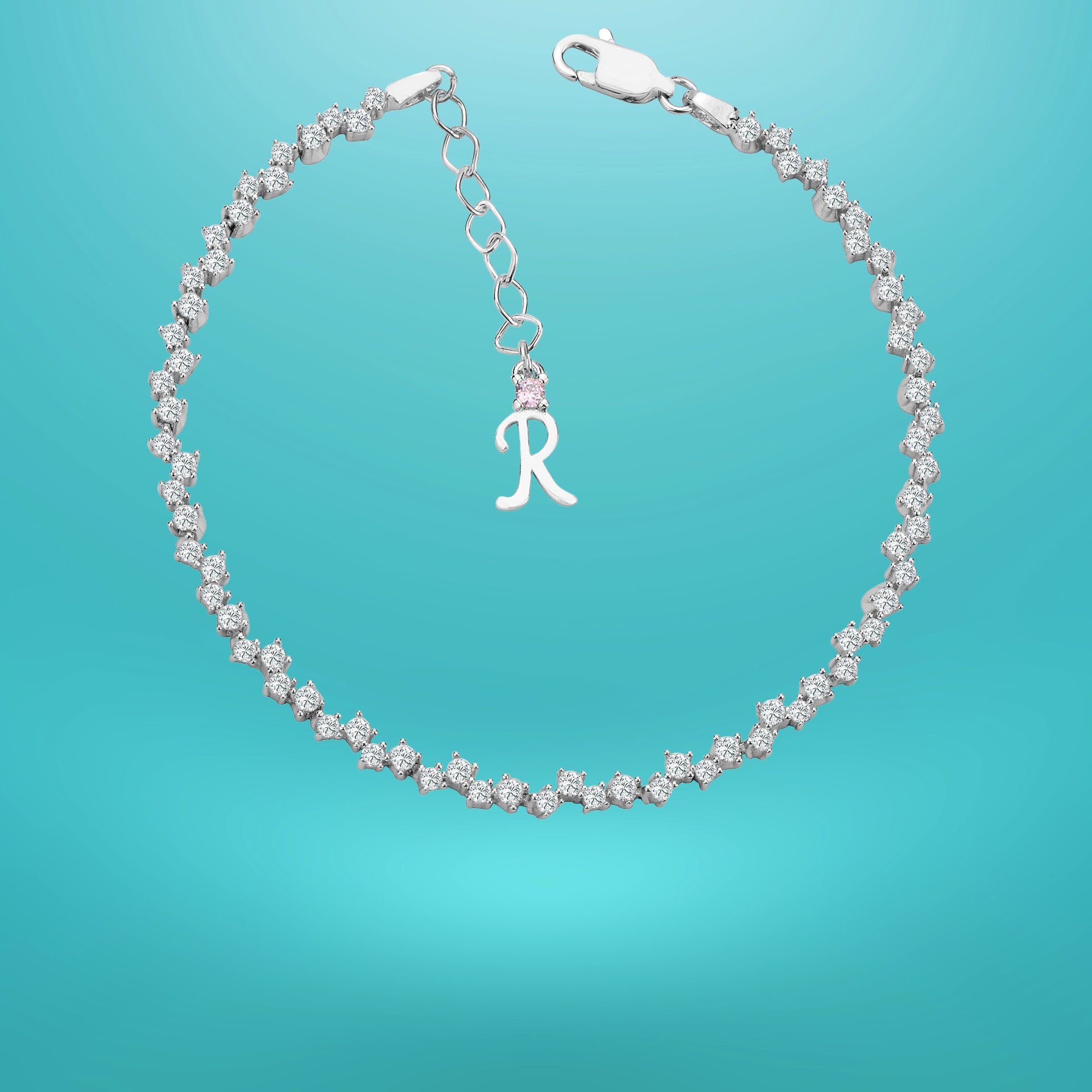 925 Ayar Gümüş Pırlanta Montürlü Zincir Harfli Su Yolu Bileklik R