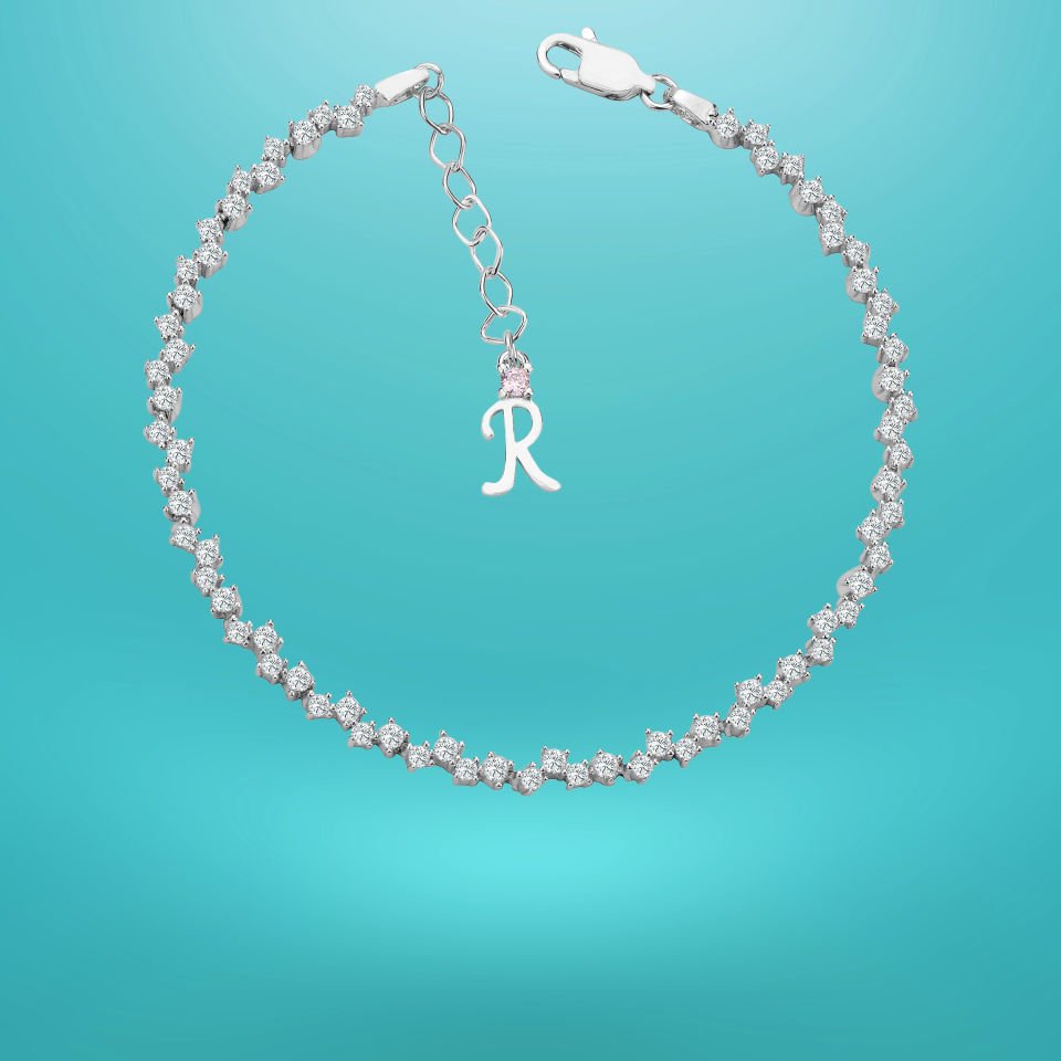 925 Ayar Gümüş Pırlanta Montürlü Zincir Harfli Su Yolu Bileklik R