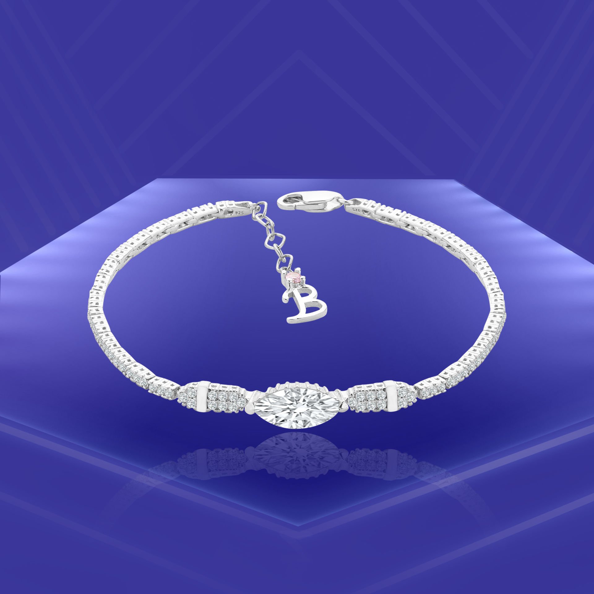 925 Ayar Gümüş Pırlanta Mekik Taşlı Harfli Su Yolu Bileklik B