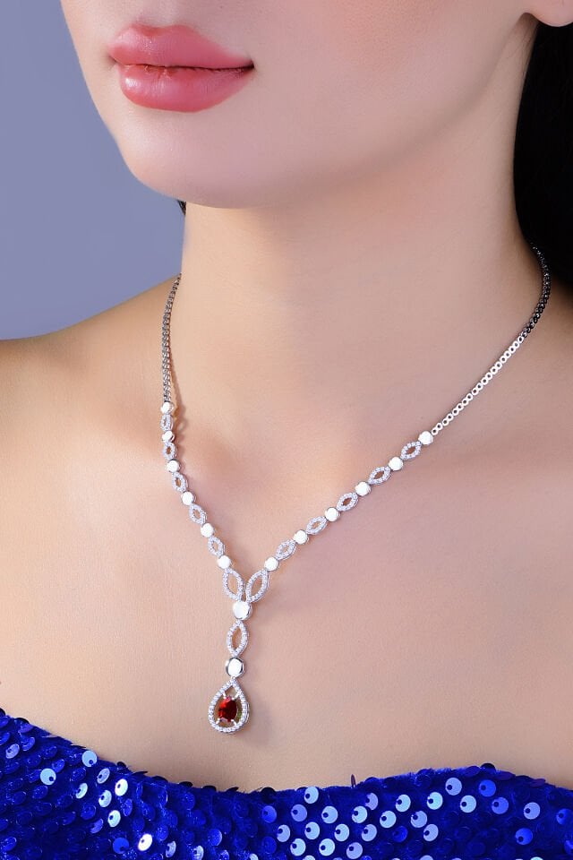 BARIŞ TAKI 925 Ayar Gümüş Kırmızı Damla Taşlı Su Yolu Set