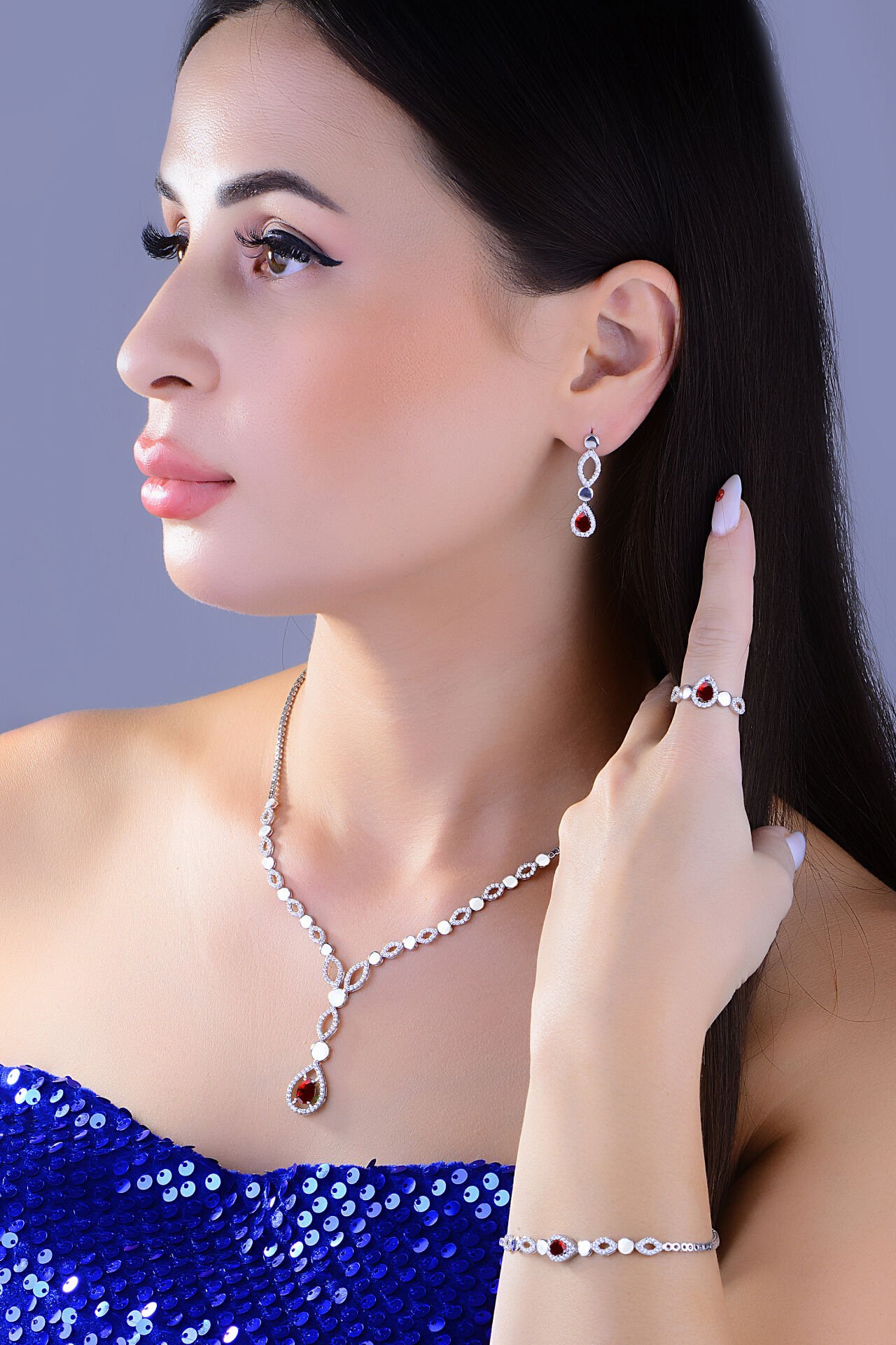 BARIŞ TAKI 925 Ayar Gümüş Kırmızı Damla Taşlı Su Yolu Set