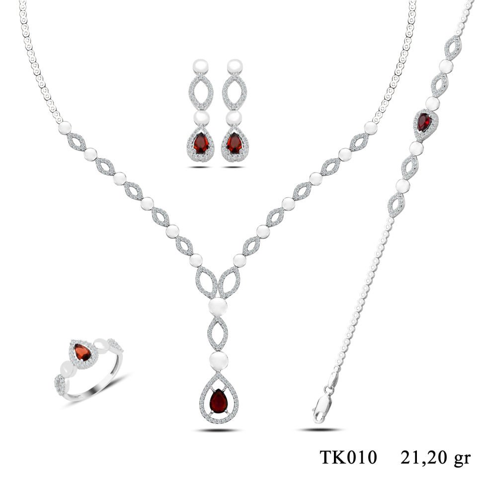 BARIŞ TAKI 925 Ayar Gümüş Kırmızı Damla Taşlı Su Yolu Set