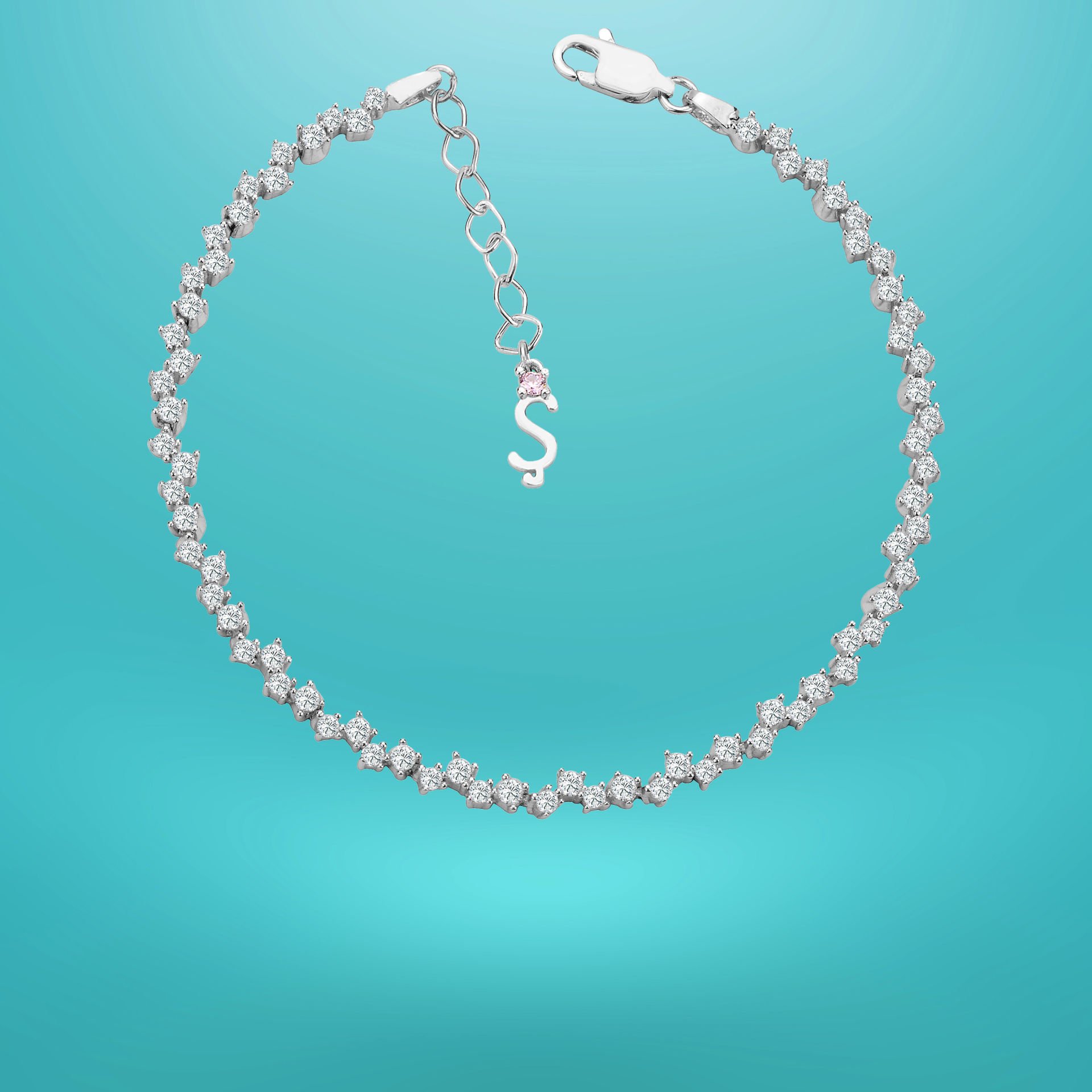 925 Ayar Gümüş Pırlanta Montürlü Zincir Harfli Su Yolu Bileklik Ş