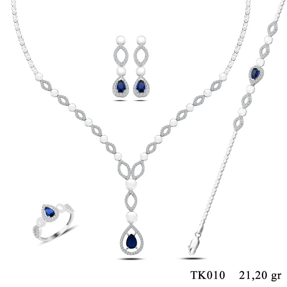 BARIŞ TAKI 925 Ayar Gümüş Mavi Damla Taşlı Su Yolu Set