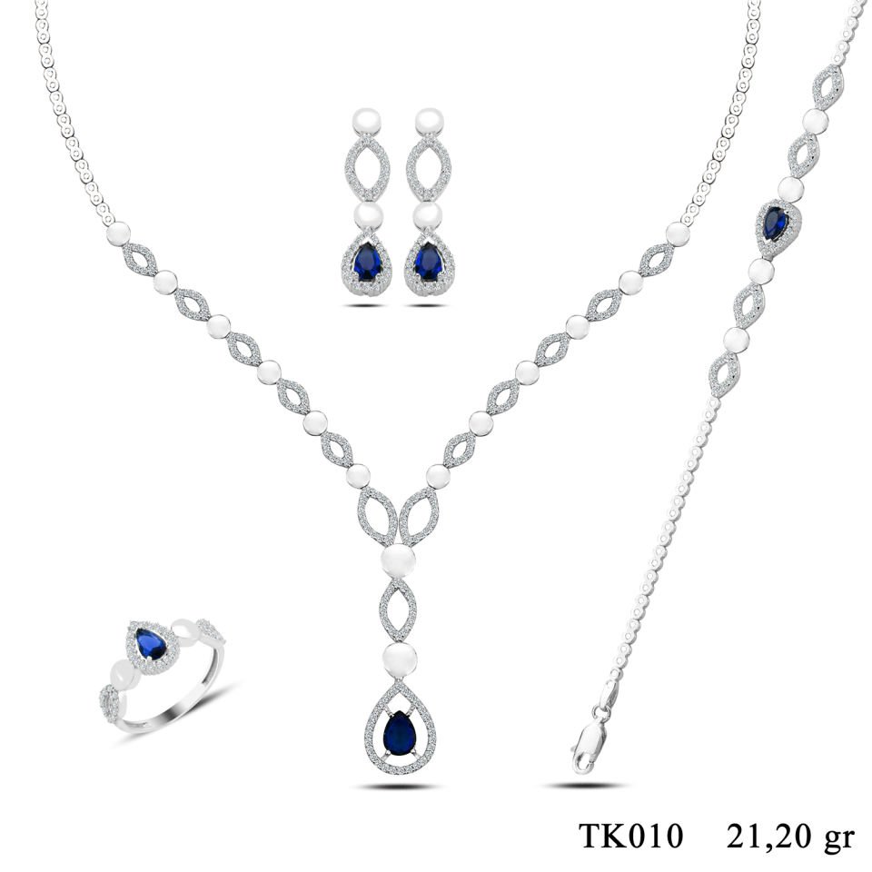 BARIŞ TAKI 925 Ayar Gümüş Mavi Damla Taşlı Su Yolu Set