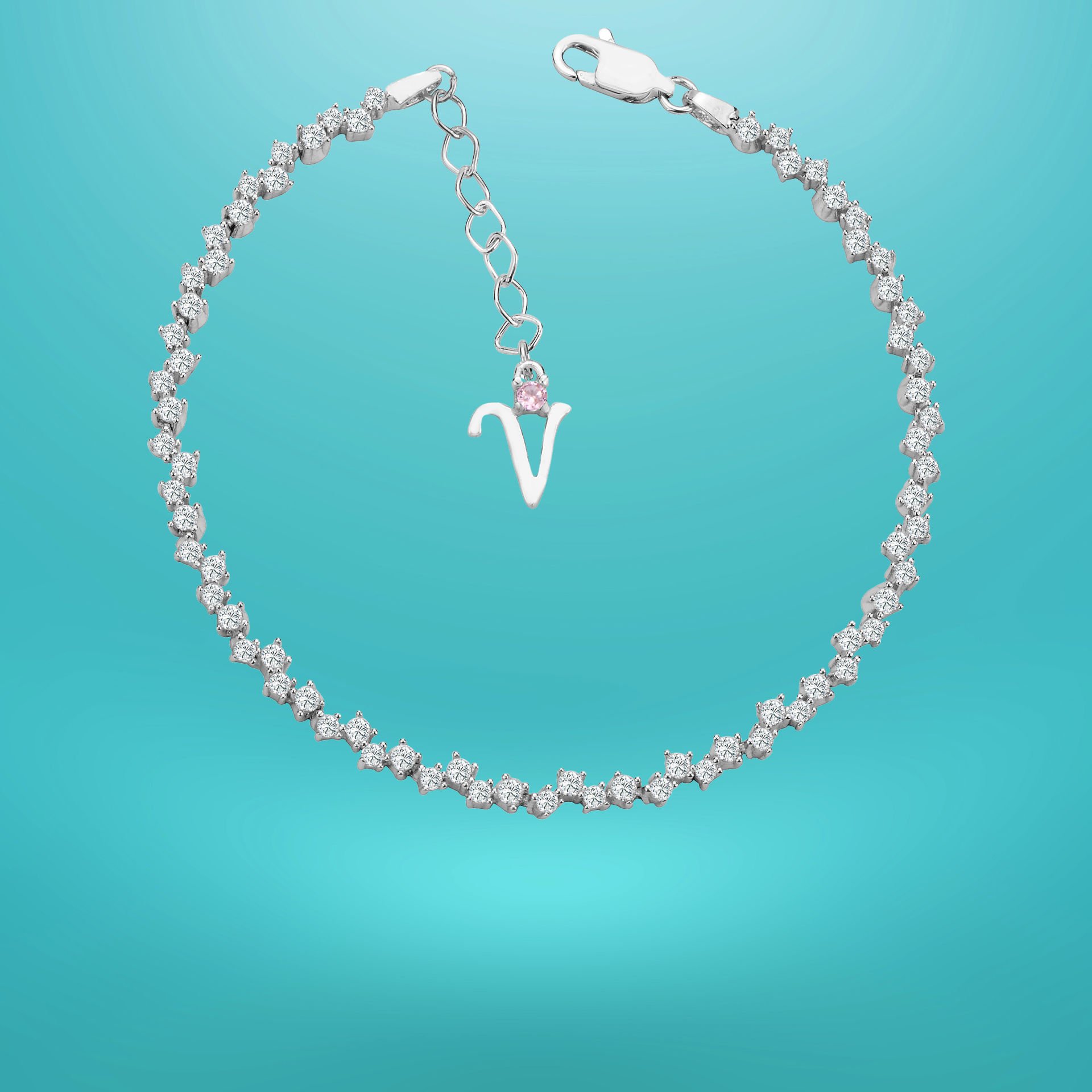 925 Ayar Gümüş Pırlanta Montürlü Zincir Harfli Su Yolu Bileklik V