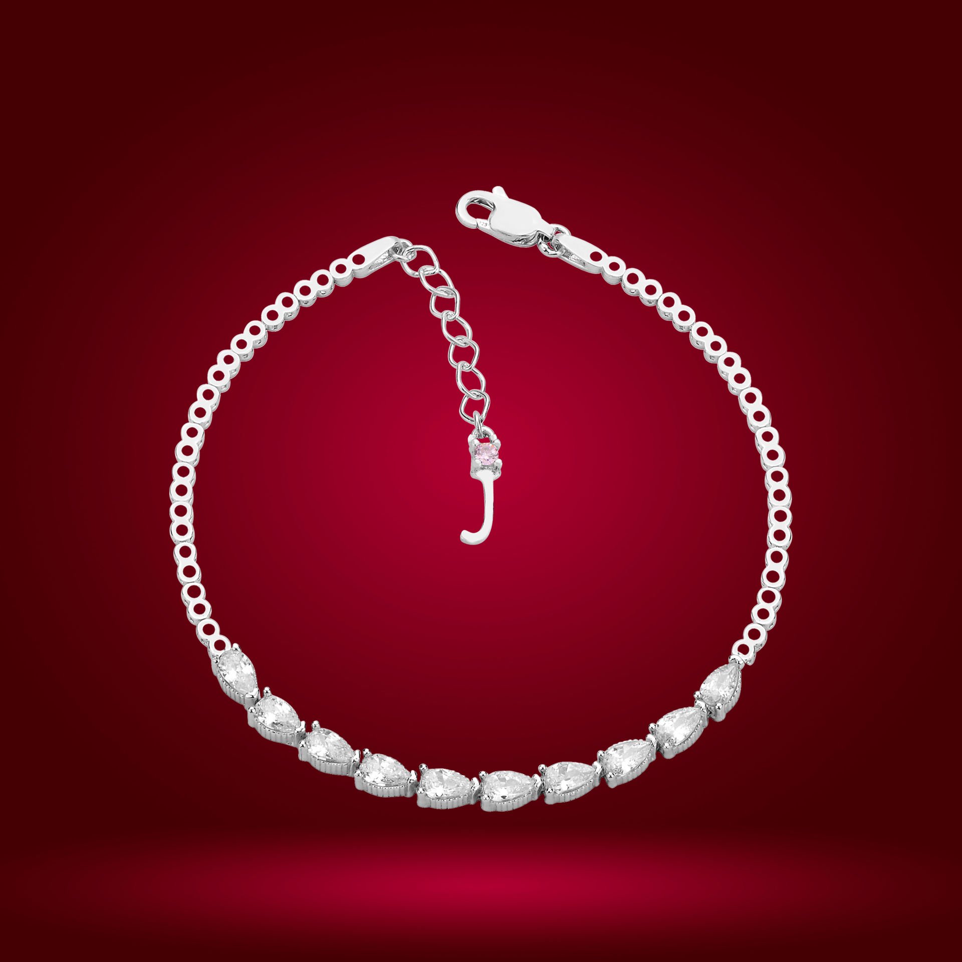 925 Ayar Gümüş Sıralı Damla Taşlı Zincir Harfli Su Yolu Bileklik J