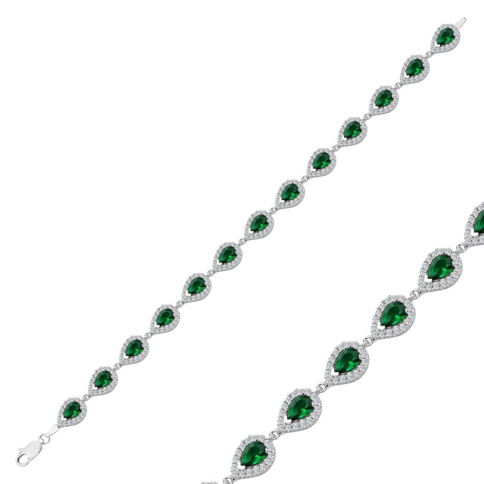 925 Ayar Gümüş Ful Yeşil Damla Taşlı Zincir Harfli Su Yolu Bileklik