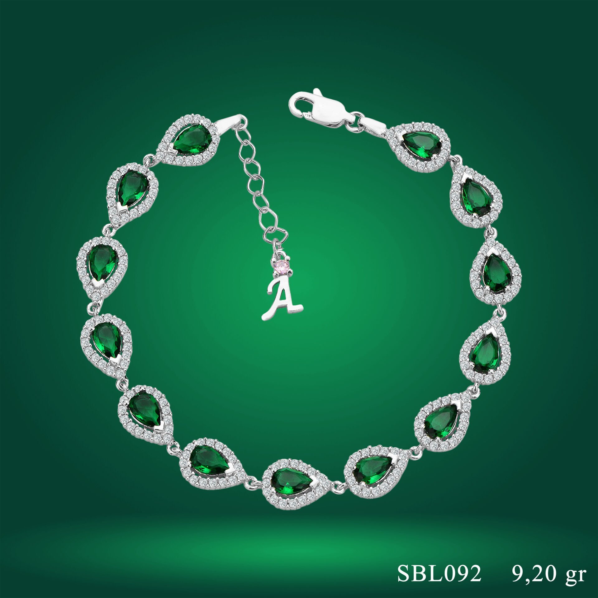 925 Ayar Gümüş Ful Yeşil Damla Taşlı Zincir Harfli Su Yolu Bileklik