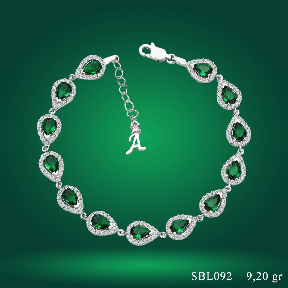 925 Ayar Gümüş Ful Yeşil Damla Taşlı Zincir Harfli Su Yolu Bileklik