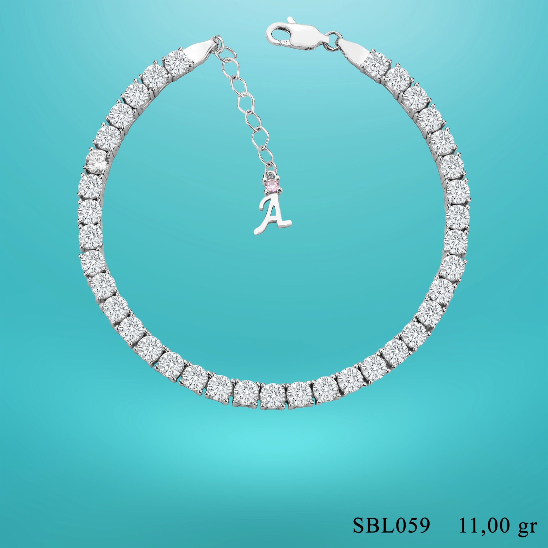 925 Ayar Gümüş 4 MM Pırlanta Taşlı Zincir Harfli Su Yolu Bileklik