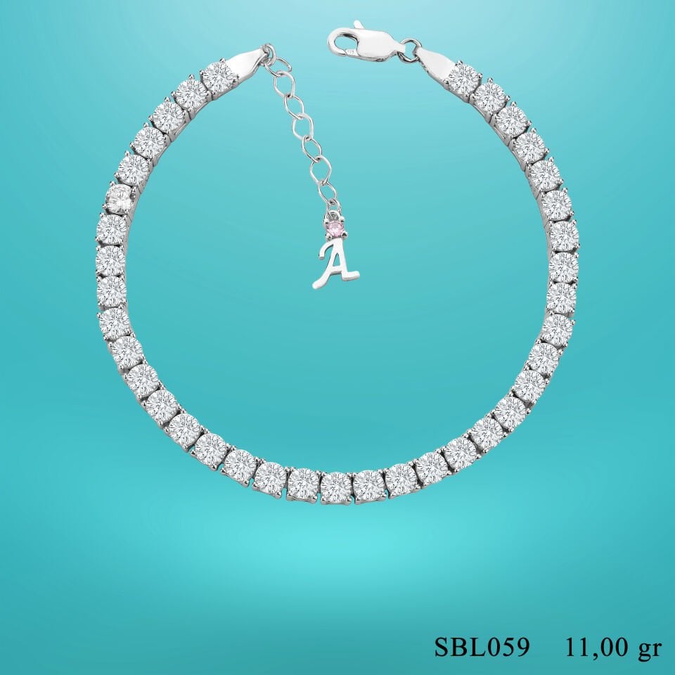 925 Ayar Gümüş 4 MM Pırlanta Taşlı Zincir Harfli Su Yolu Bileklik