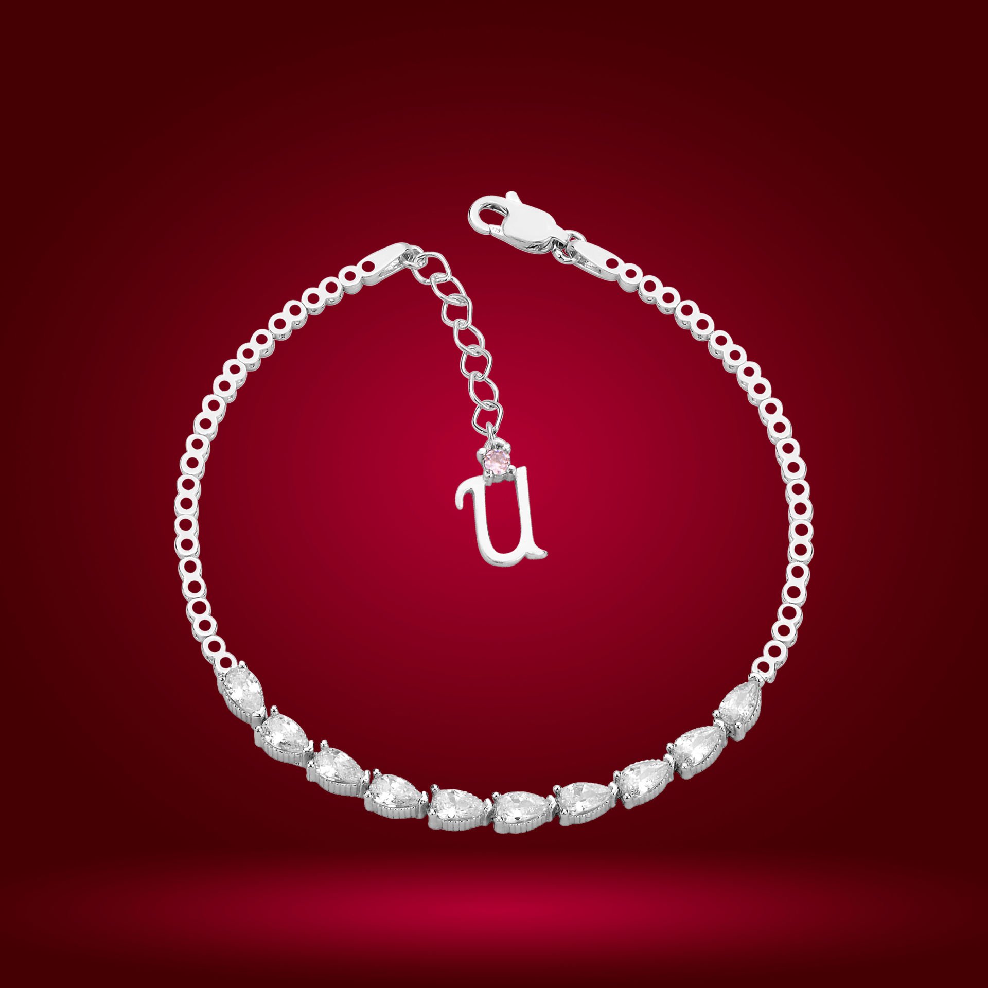 925 Ayar Gümüş Sıralı Damla Taşlı Zincir Harfli Su Yolu Bileklik Ü