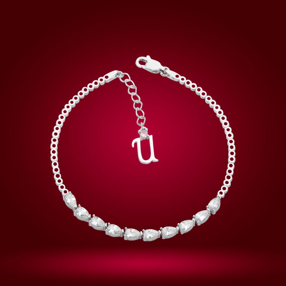 925 Ayar Gümüş Sıralı Damla Taşlı Zincir Harfli Su Yolu Bileklik Ü
