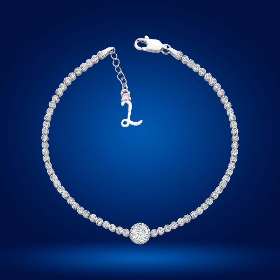 925 Ayar Gümüş Pırlanta Tek Taş Zincir Harfli Su Yolu Bileklik L