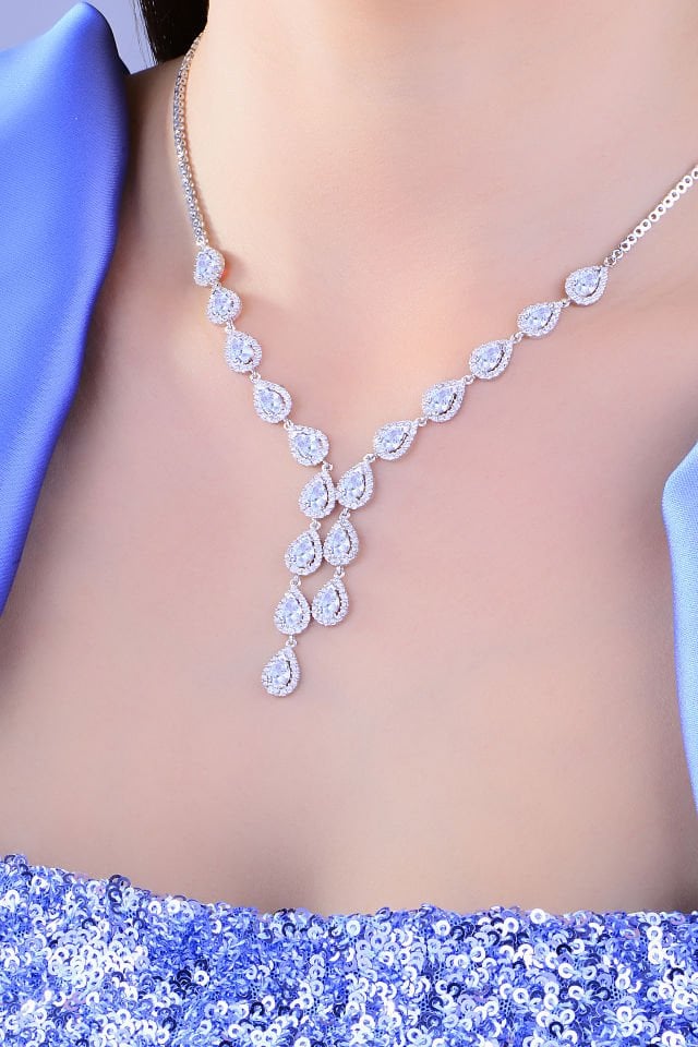 925 Ayar Gümüş Damla Salkım Pırlanta Montör Su Yolu Set