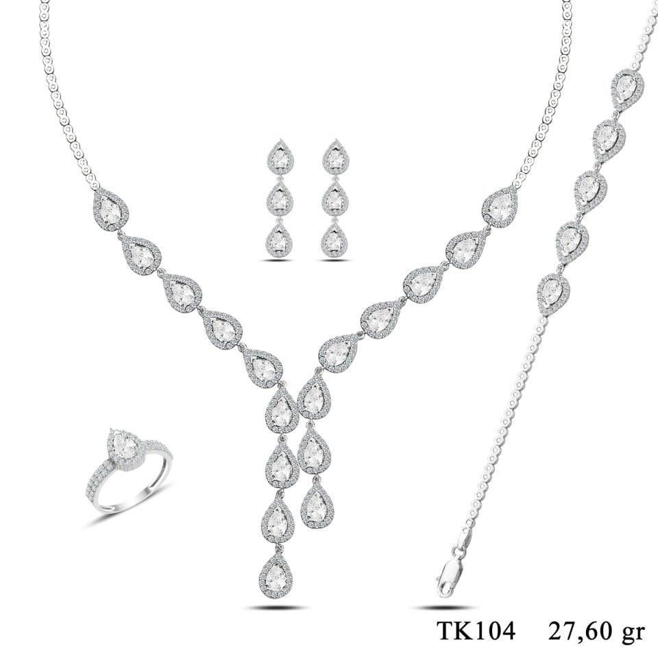 925 Ayar Gümüş Damla Salkım Pırlanta Montör Su Yolu Set