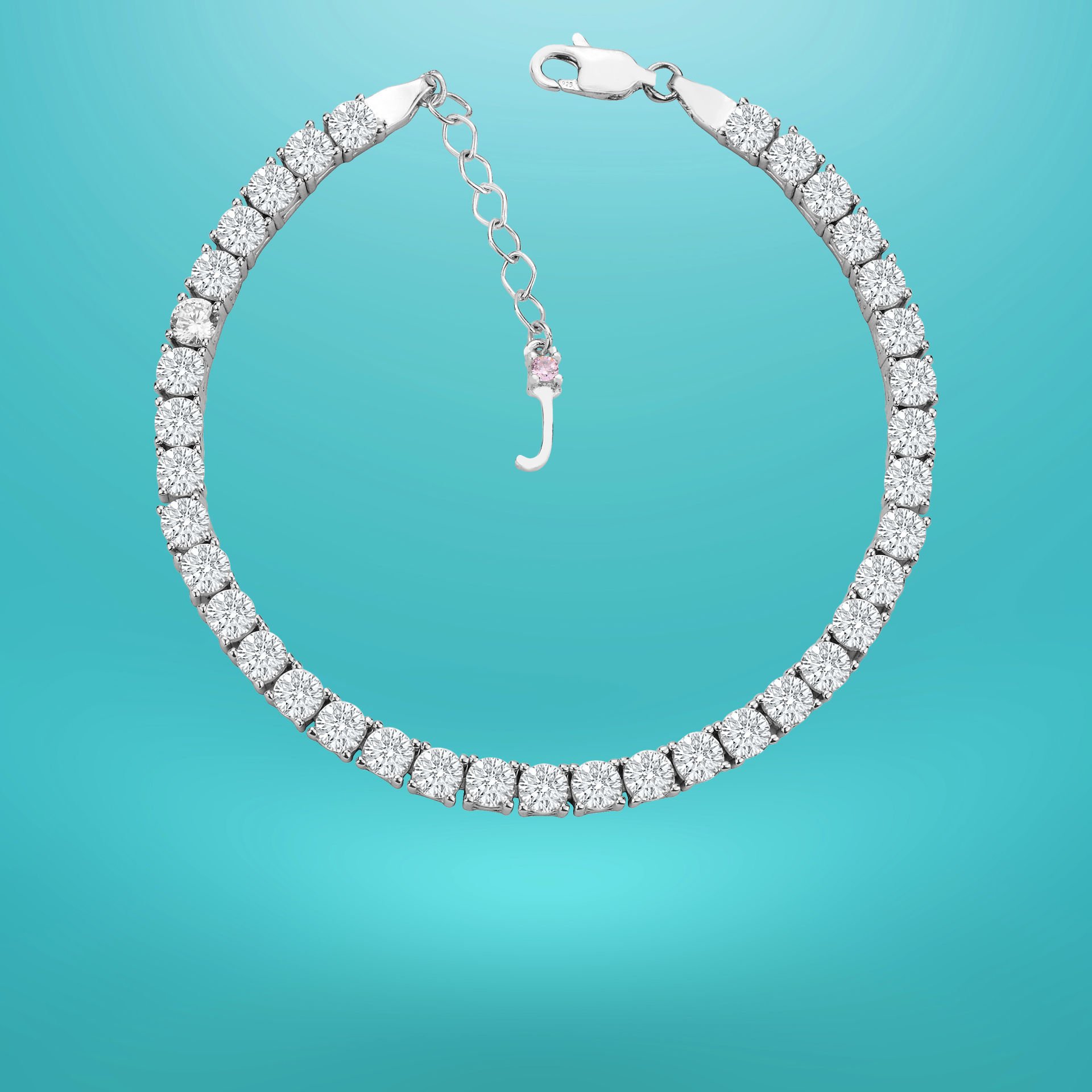 925 Ayar Gümüş 4 MM Pırlanta Taşlı Zincir Harfli Su Yolu Bileklik J