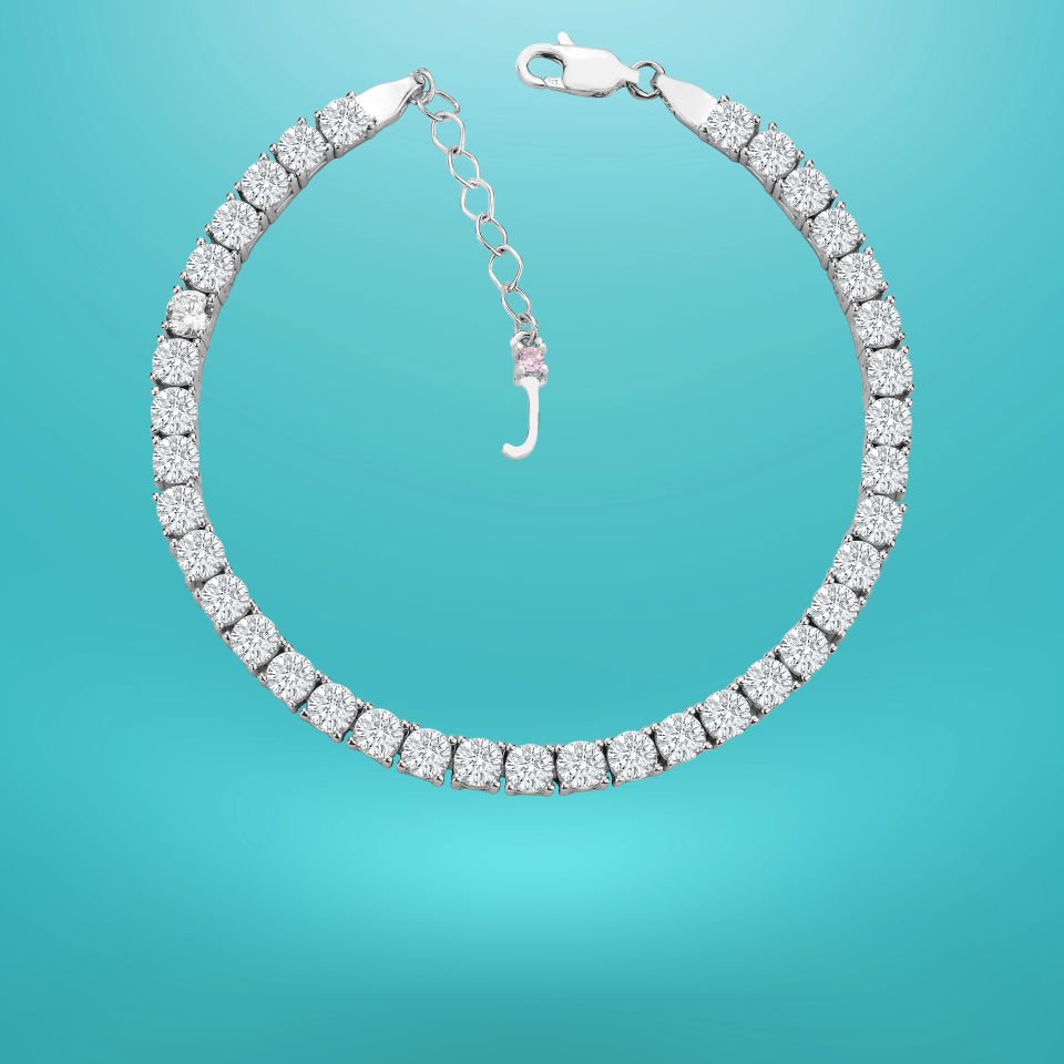 925 Ayar Gümüş 4 MM Pırlanta Taşlı Zincir Harfli Su Yolu Bileklik J