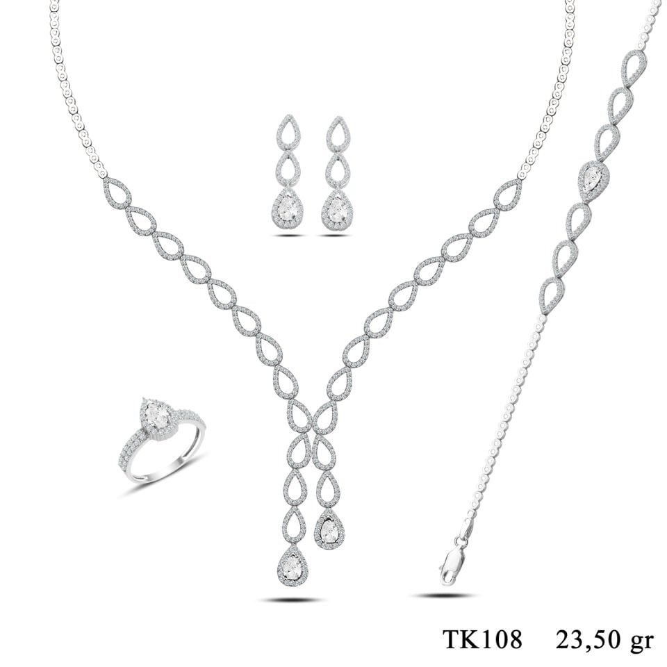 BARIŞ TAKI 925 Ayar Gümüş Damla Çift Salkım Su Yolu Set