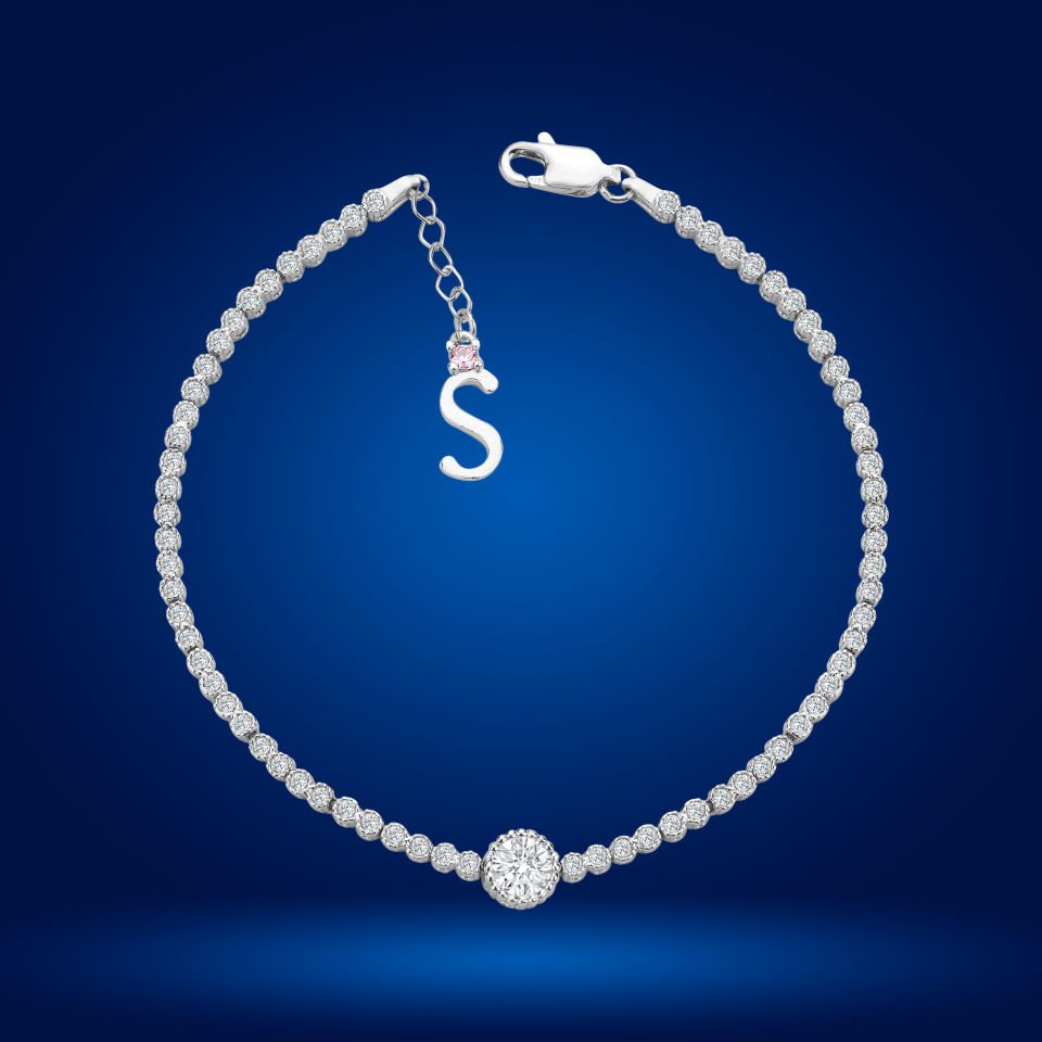 925 Ayar Gümüş Pırlanta Tek Taş Zincir Harfli Su Yolu Bileklik S