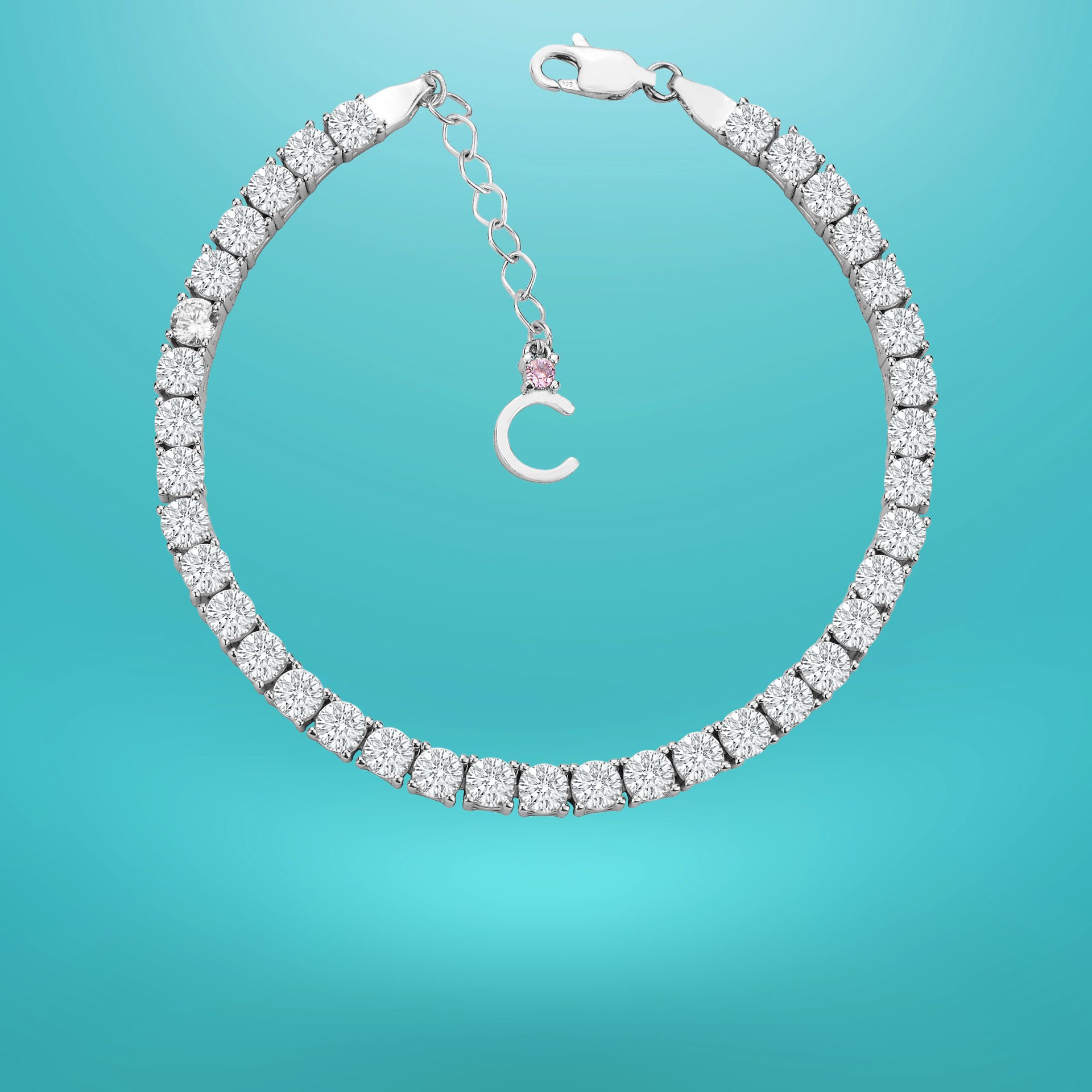 925 Ayar Gümüş 4 MM Pırlanta Taşlı Zincir Harfli Su Yolu Bileklik C