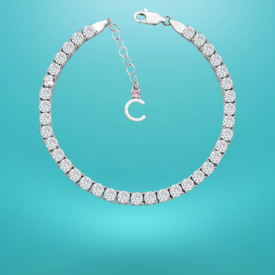 925 Ayar Gümüş 4 MM Pırlanta Taşlı Zincir Harfli Su Yolu Bileklik C