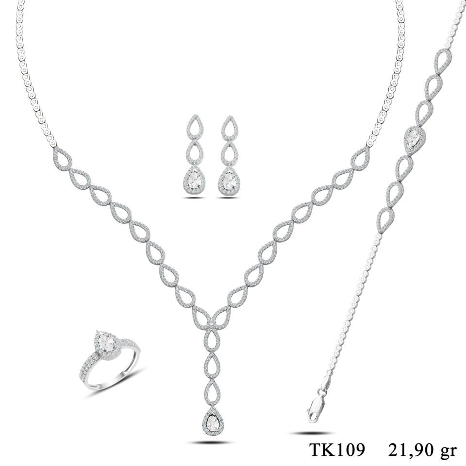 BARIŞ TAKI 925 Ayar Gümüş Damla Tek Salkım Su Yolu Set