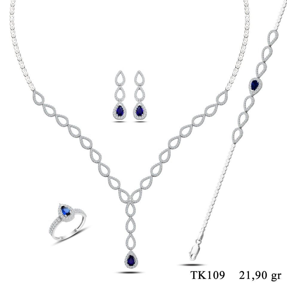 BARIŞ TAKI 925 Ayar Gümüş Damla Tek Salkım Su Yolu Set