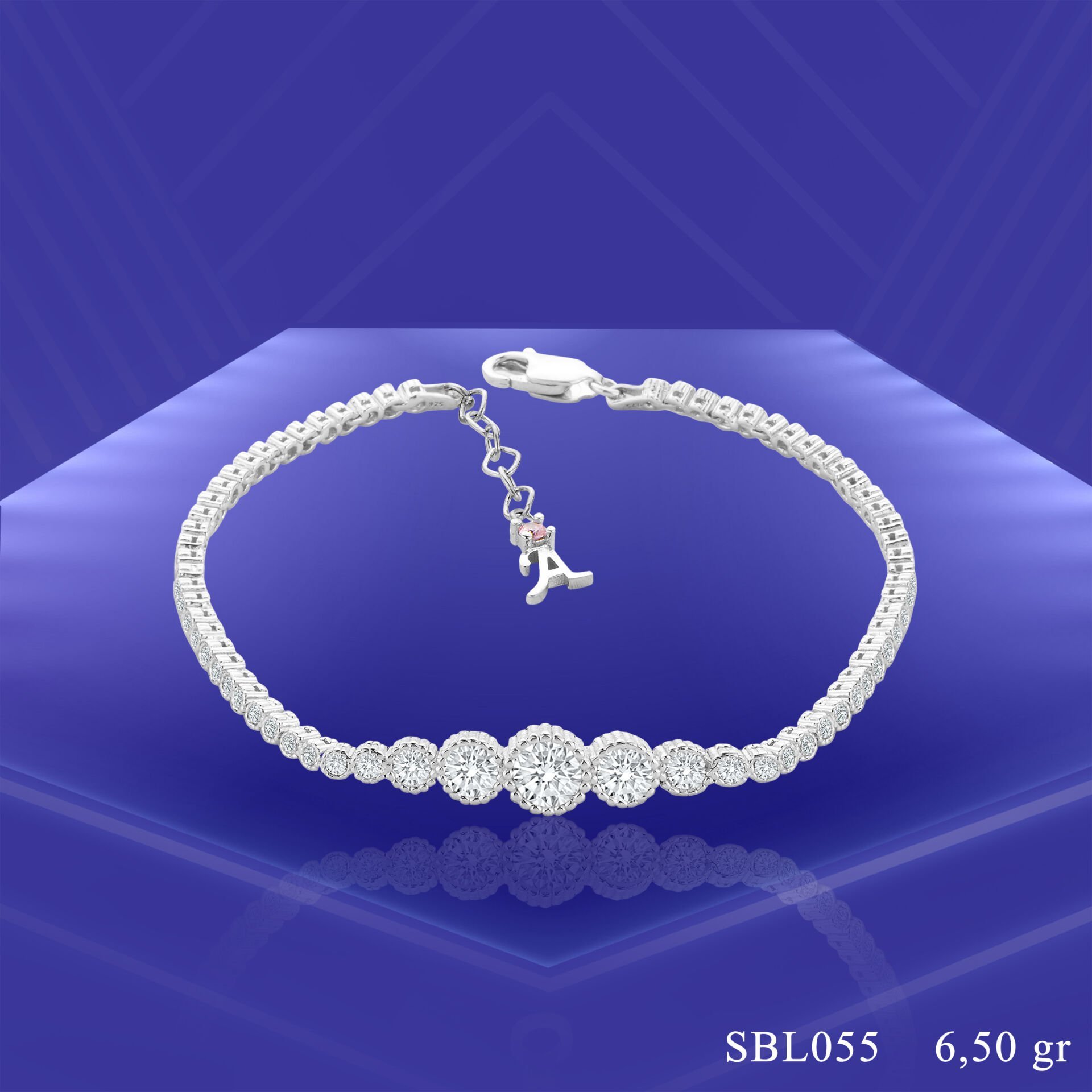 925 Ayar Gümüş Pırlanta Taşlı Harfli Su Yolu Bileklik