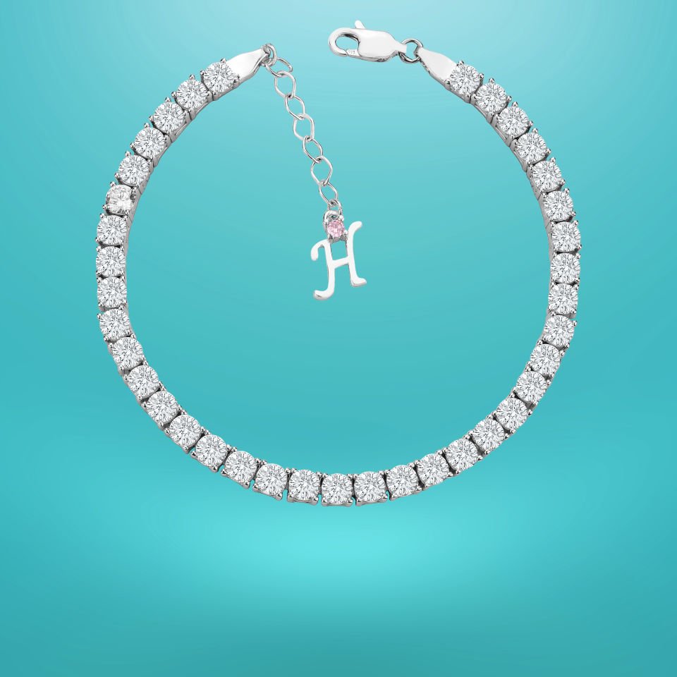 925 Ayar Gümüş 4 MM Pırlanta Taşlı Zincir Harfli Su Yolu Bileklik H