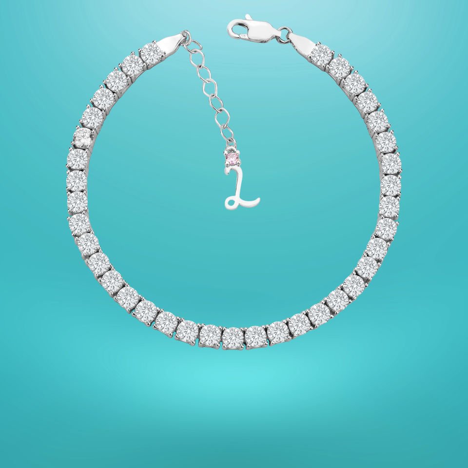 925 Ayar Gümüş 4 MM Pırlanta Taşlı Zincir Harfli Su Yolu Bileklik L