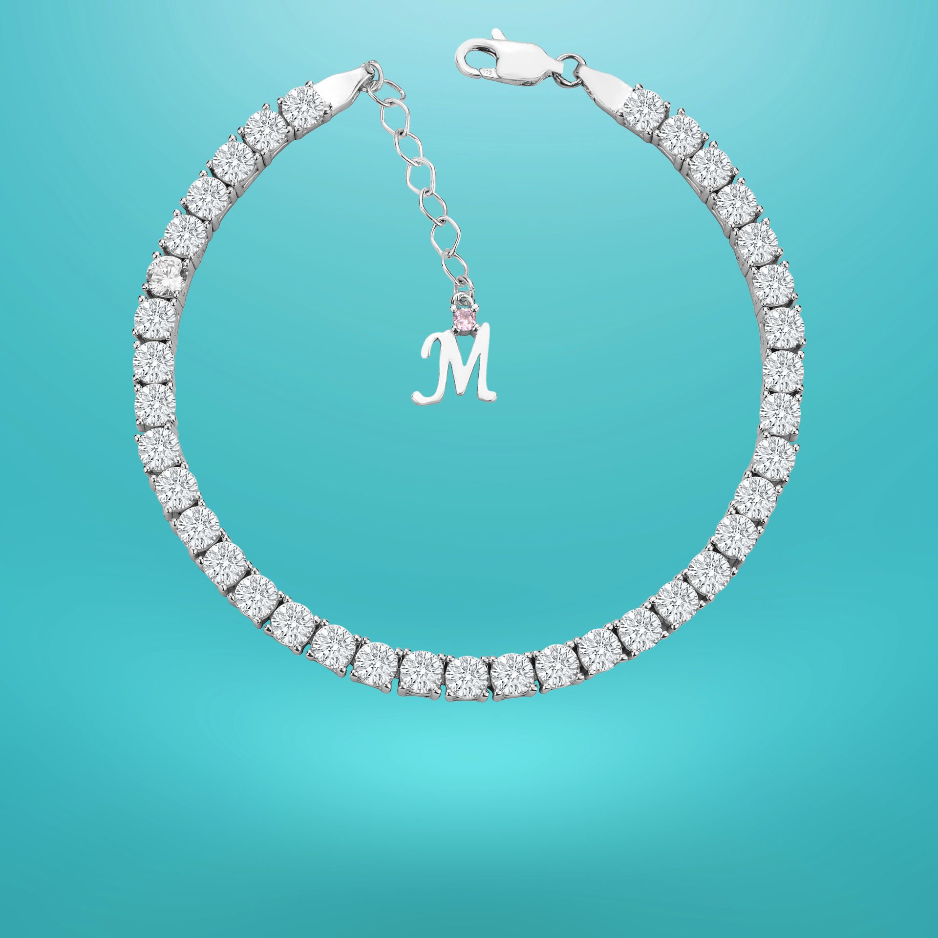 925 Ayar Gümüş 4 MM Pırlanta Taşlı Zincir Harfli Su Yolu Bileklik M