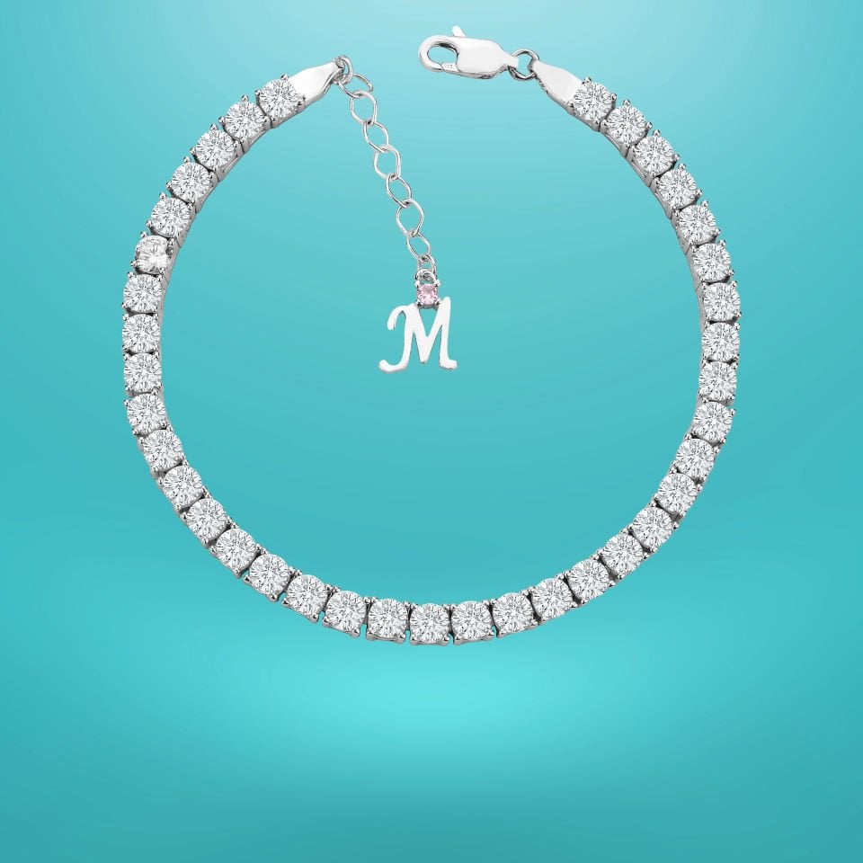 925 Ayar Gümüş 4 MM Pırlanta Taşlı Zincir Harfli Su Yolu Bileklik M