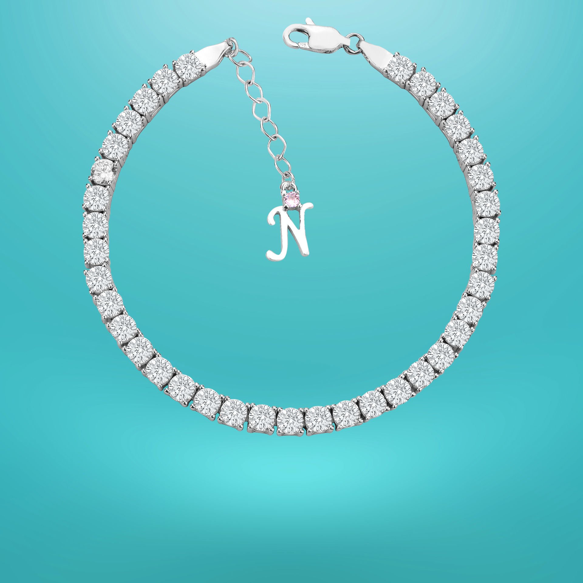 925 Ayar Gümüş 4 MM Pırlanta Taşlı Zincir Harfli Su Yolu Bileklik N