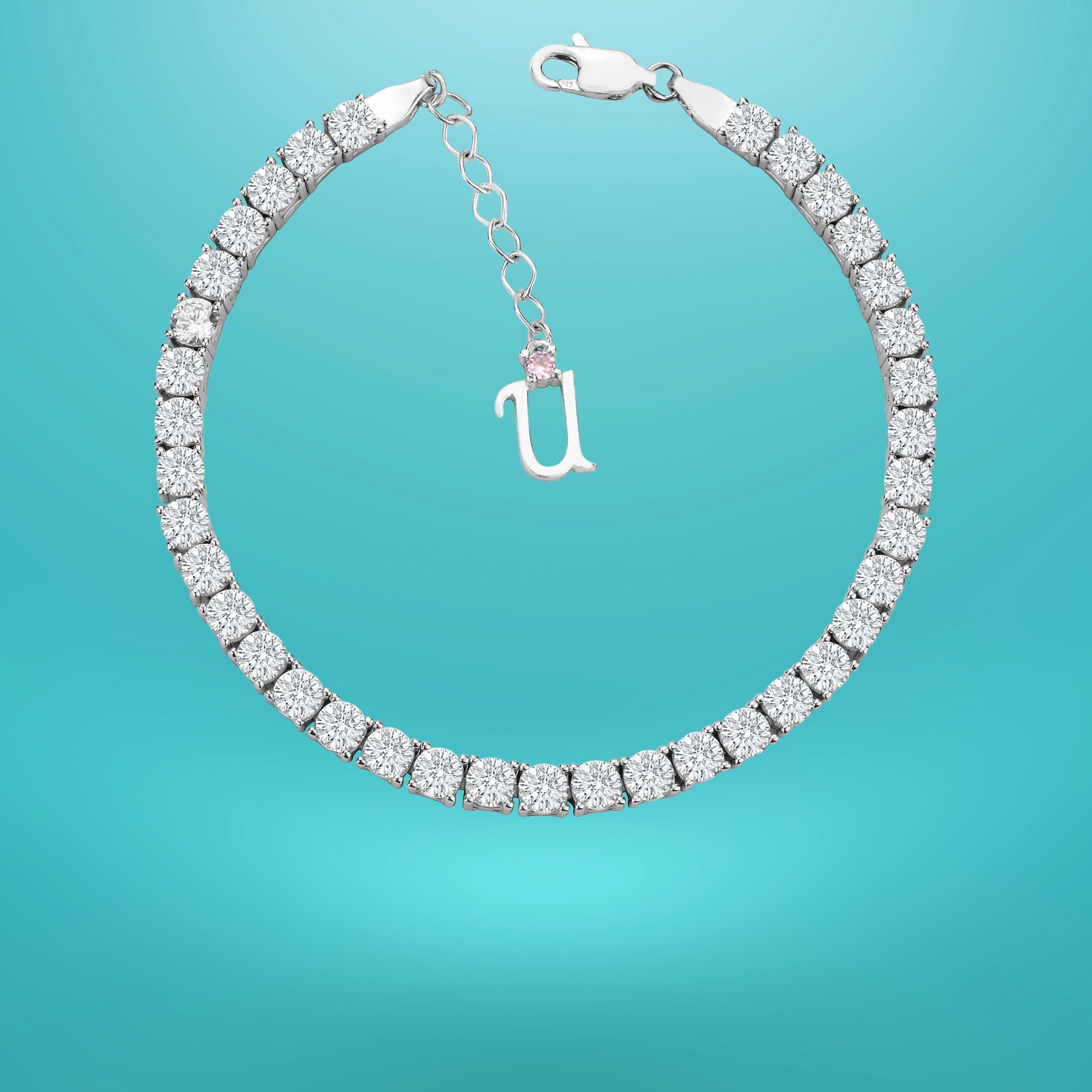 925 Ayar Gümüş 4 MM Pırlanta Taşlı Zincir Harfli Su Yolu Bileklik U