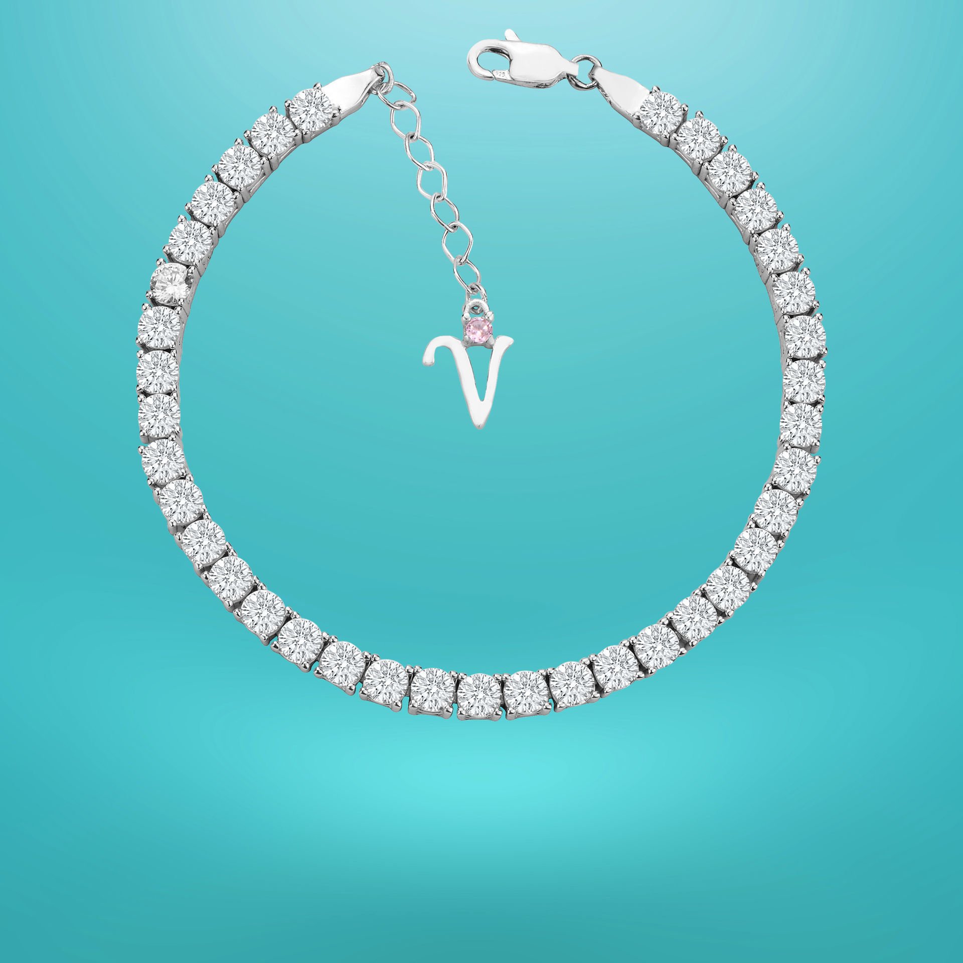 925 Ayar Gümüş 4 MM Pırlanta Taşlı Zincir Harfli Su Yolu Bileklik V